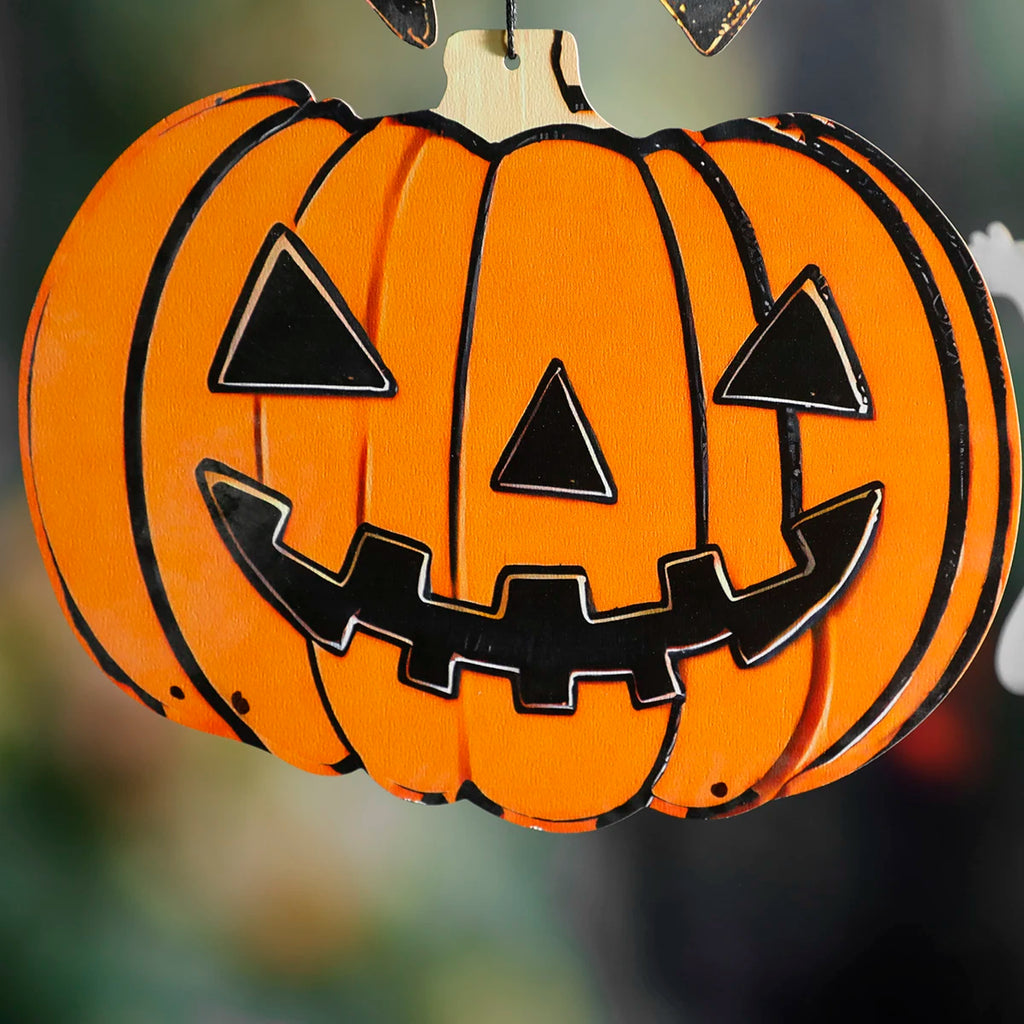 Wooden Halloween Hanging Decor, "Happy Halloween"Banner with Pumpkin Lantern & Ghost Ornaments, Spooky Wall Decor for Home Party