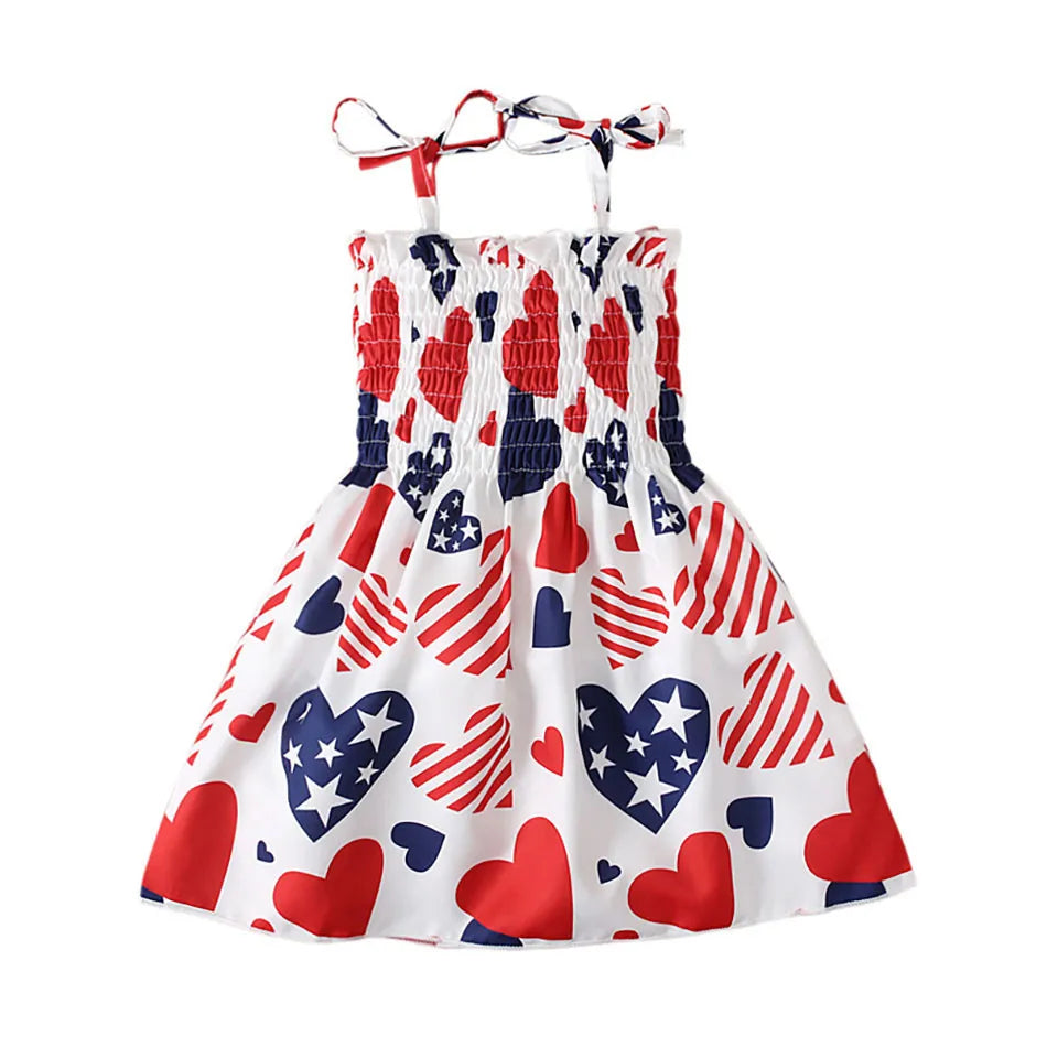 Charming 4th of July Summertime Girls Casual Dresses Sling Patriotic Pattern and Cartoon Printed Playful Butterflies and Stars