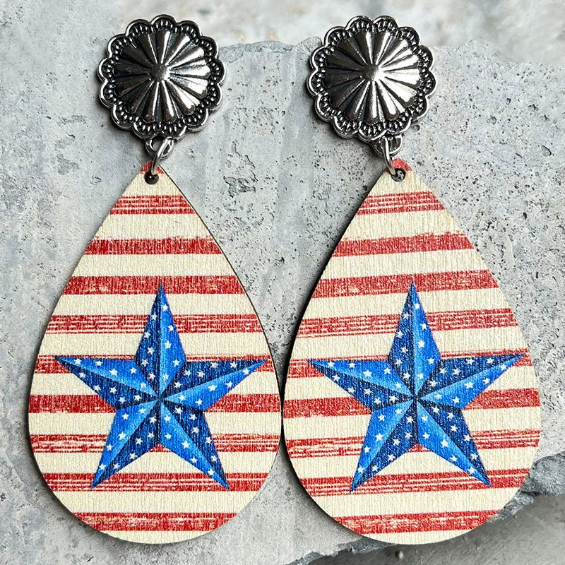 New American Independence Day Earrings July 4th Festival Decoration Western Cowboy Sun Flower Boots Cowhead Hat Wooden Ear Rings