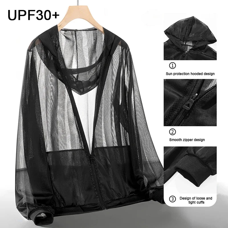 Summer Men's Sun Protection Clothing Lightweight Breathable Ice Silk Hooded Quick Dry Jacket Outdoor Anti-ultraviolet Skin Coat