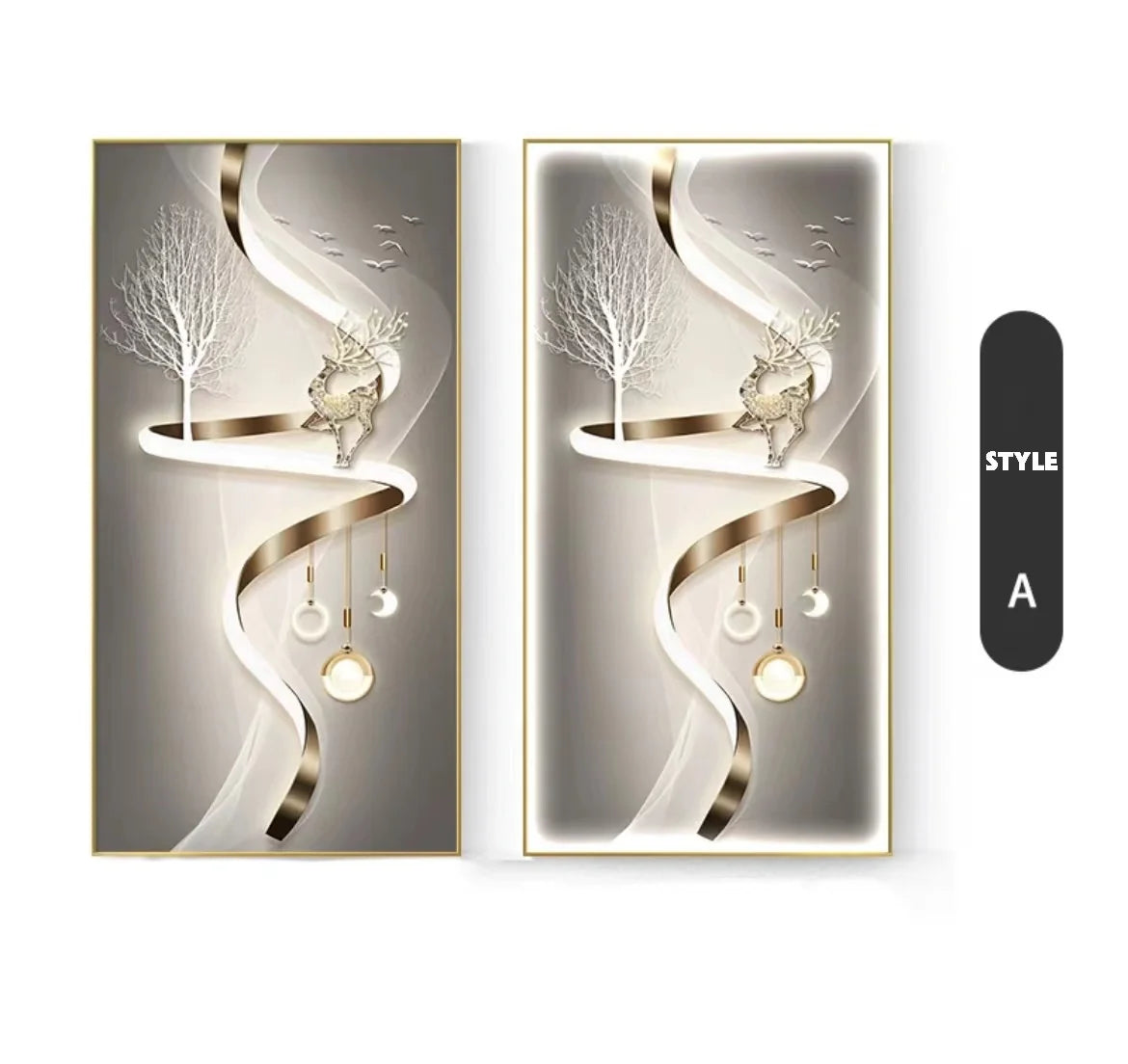 Living room decoration painting, modern minimalist high-end feeling, illuminated corridor with hanging paintings and lights