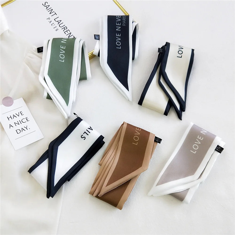 Women Hair Scarf Fashion Narrow Long Scarf Elegant Satin Silk Bow Tie Letter Print Bag Ribbon Headband Scarves Foulard Cheveux