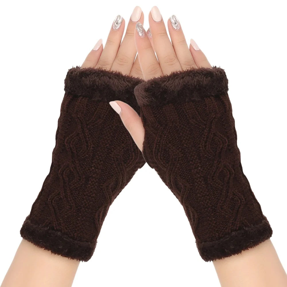 Winter Half Palm Glove For Womens Girls Knitted Fingerless Hand Mitten Fuzzy Fleece Lined Wrist Warmer Solid Color Armer Warmer