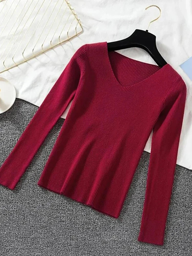 Women Sweater 2026 New Autumn Winter Long Sleeve Pullover Basic Top Fashion V-neck Elastic Female Winter Solid Knitted Jumper