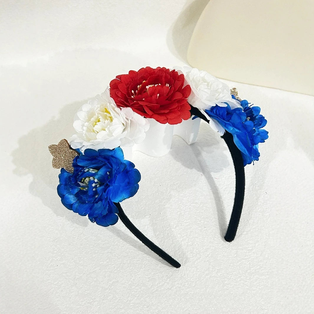 Floral 4th of July Headband Blue White Red Flower Headbands for Women Girls Crown Hair Wreath for Independence Day