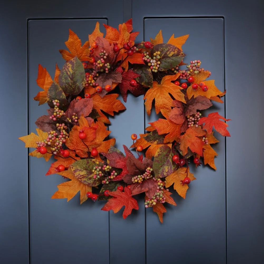 50cm Fall Wreath with Autumn Leaves and Berries for Front Door Decoration for Thanksgiving and Seasonal Display
