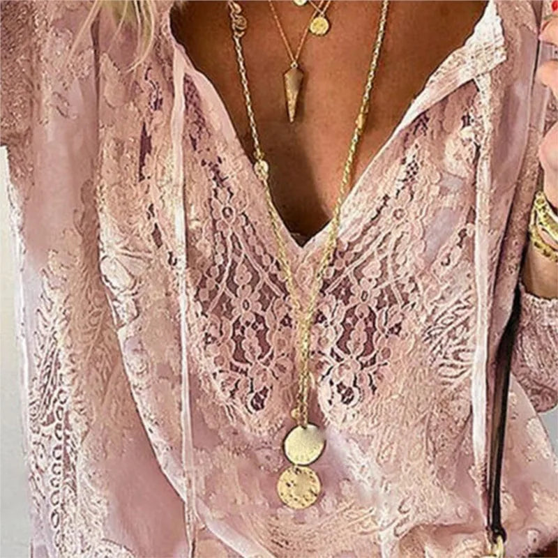 Women's Blouses Spring Summer Fashion Boho Lace Hollow Out Deep V Neck Pullover Shirt Women Elegant Casual Blouse Female Tops