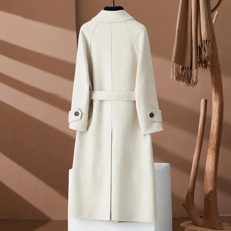 100% Wool Coat Women's Wear 2024 Autumn/Winter Fashion Temperament Double sided Cashmere Coats with Belt Elegant Long Overcoat