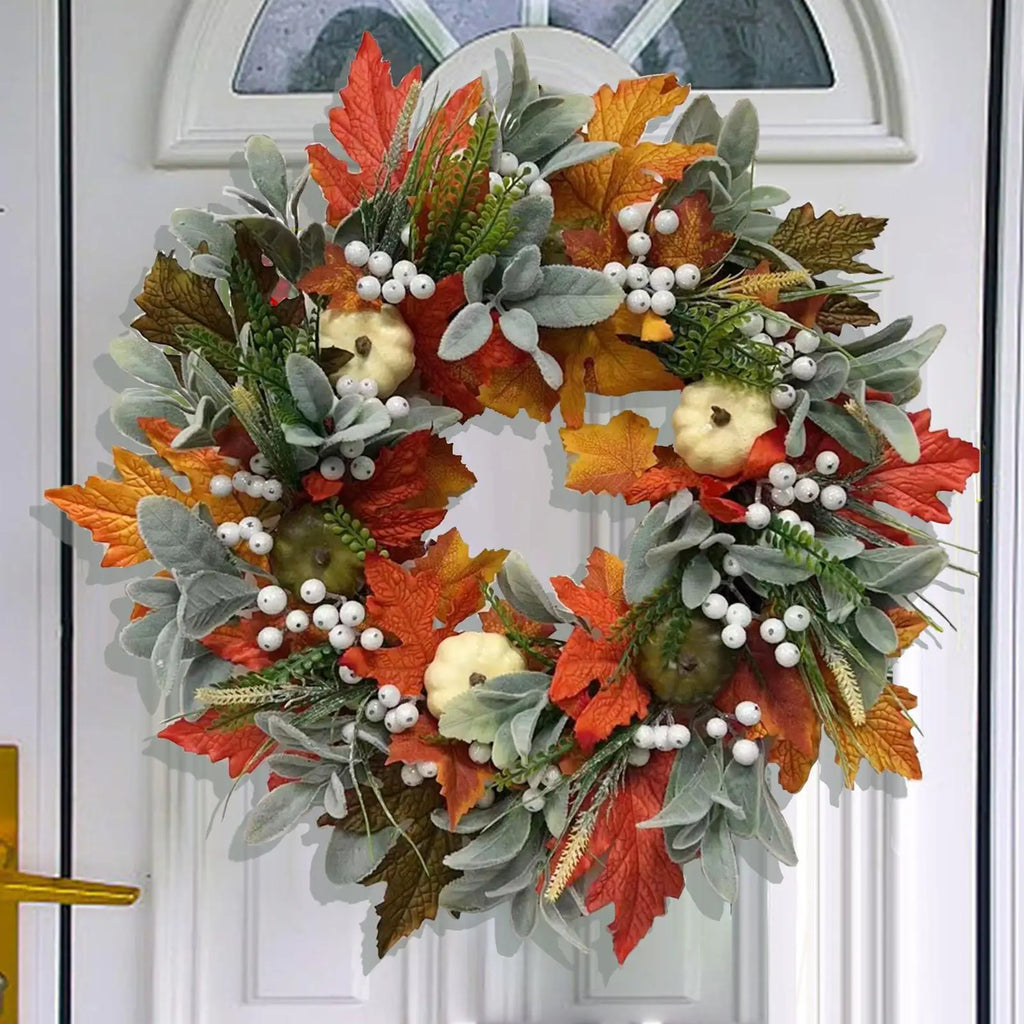 Autumn Wreath 45cm Fall Wreaths Pumpkin Berry Maple Leafs Artificial Wreath Harvest Autumn Front Door Wreath Halloween Decor