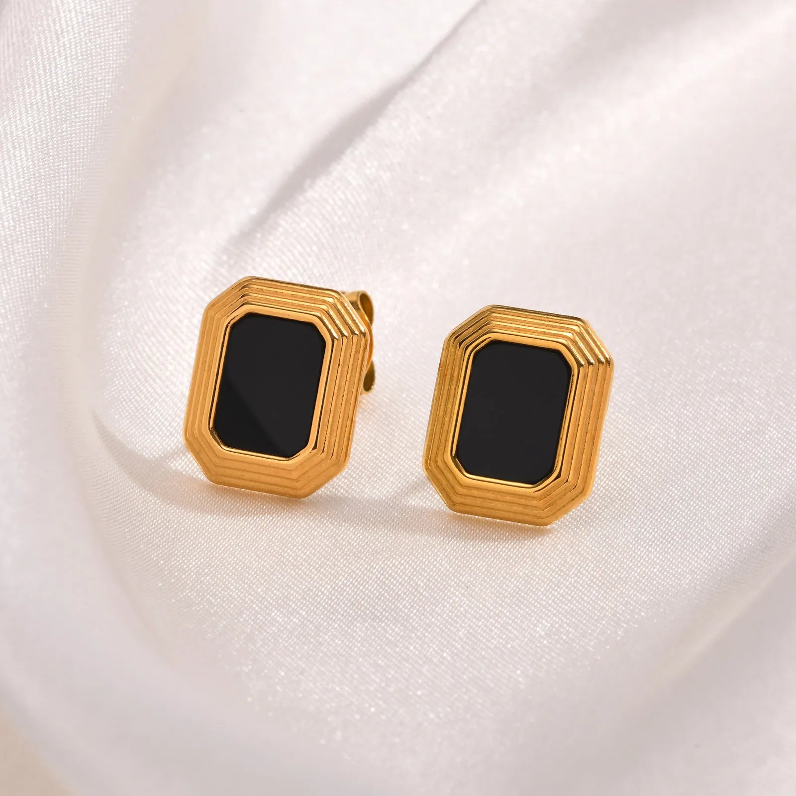 Rectangular Stud Earrings for Women, 18K Gold Plated Statement Earring, Stainless Steel Black Nature Stone Ear Jewelry