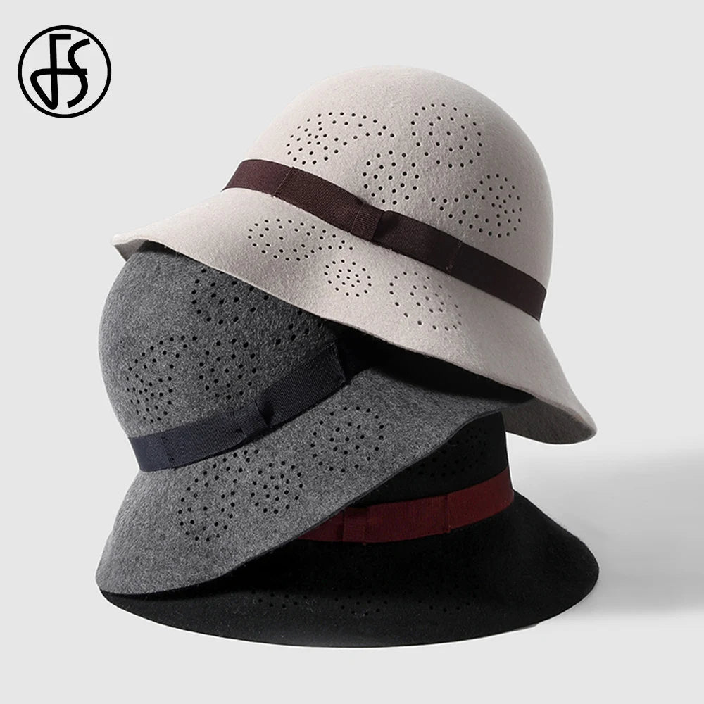 FS Beige Wool Fedoras Elegant Vintage Hats For Women Wide Brim Hollowed-out Cloche Cap Lady Autumn Winter Floppy Black Millinery