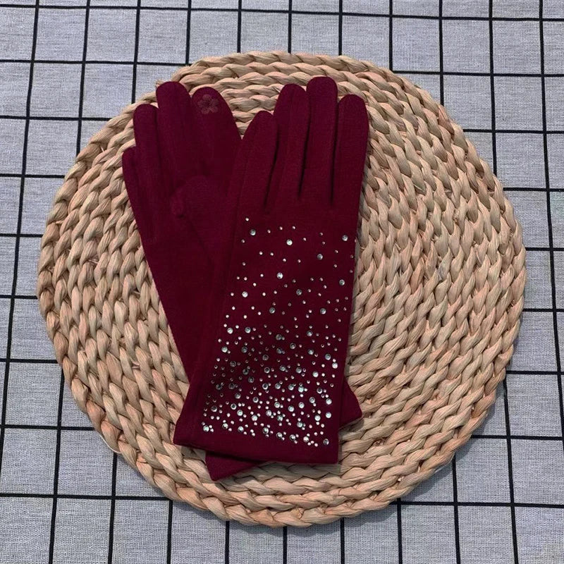 Fashion Diamonds Glove Women Vintage Winter Touch Screen Full Finger Warm Windproof Cycling Driving Female Gloves Mittens