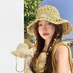 Ladies' Bucket Hats Bohemian Style Straw Weaving Hollow Korean Sweet Verstaile Big Brim Sunshade Hats Vacation Beach Bucket Hats