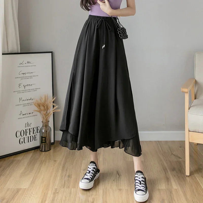 Women Pants Culottes Elastic Wide Leg Irregular Hem Double Layers Korean Trousers Summer Casual Loose Pleated Pants