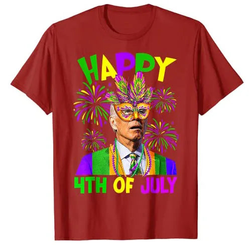Happy 4th of July Joe Biden Mardi Gras Party Carnival T-Shirt Men Clothing Sarcastic Joke Sayings Quote Graphic Tee Casual Tops