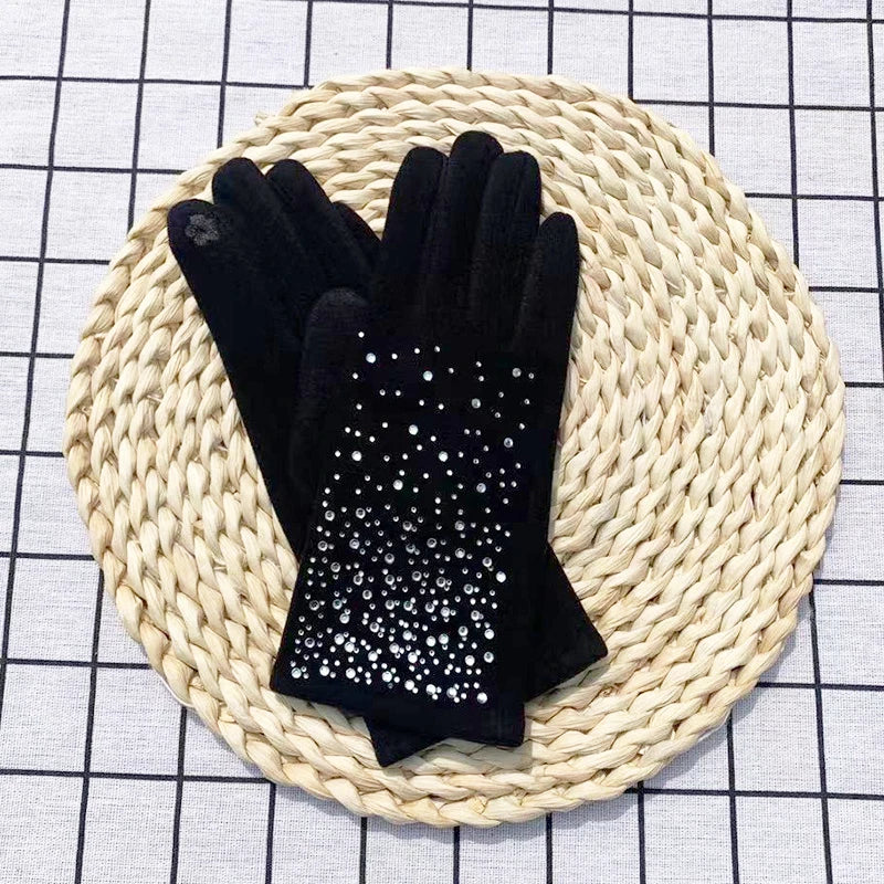 Fashion Diamonds Glove Women Vintage Winter Touch Screen Full Finger Warm Windproof Cycling Driving Female Gloves Mittens
