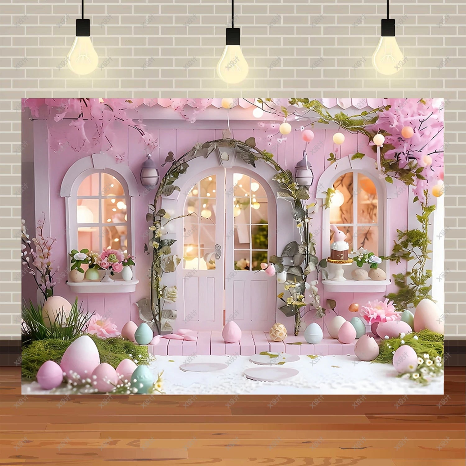 Easter Photography Background Party Decoration Spring Flowers Green Grass Wooden Door Rabbit Bunny Eggs Baby Portrait Photo Prop