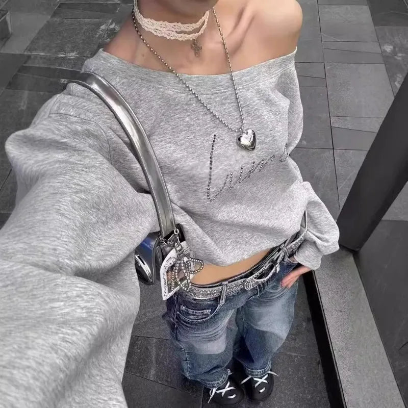 Women Hoodies Autumn Streetwear Off Shoulder Seductive Cropped All-match Sweatshirts Baggy Fashion Print Design Aesthetic Casual