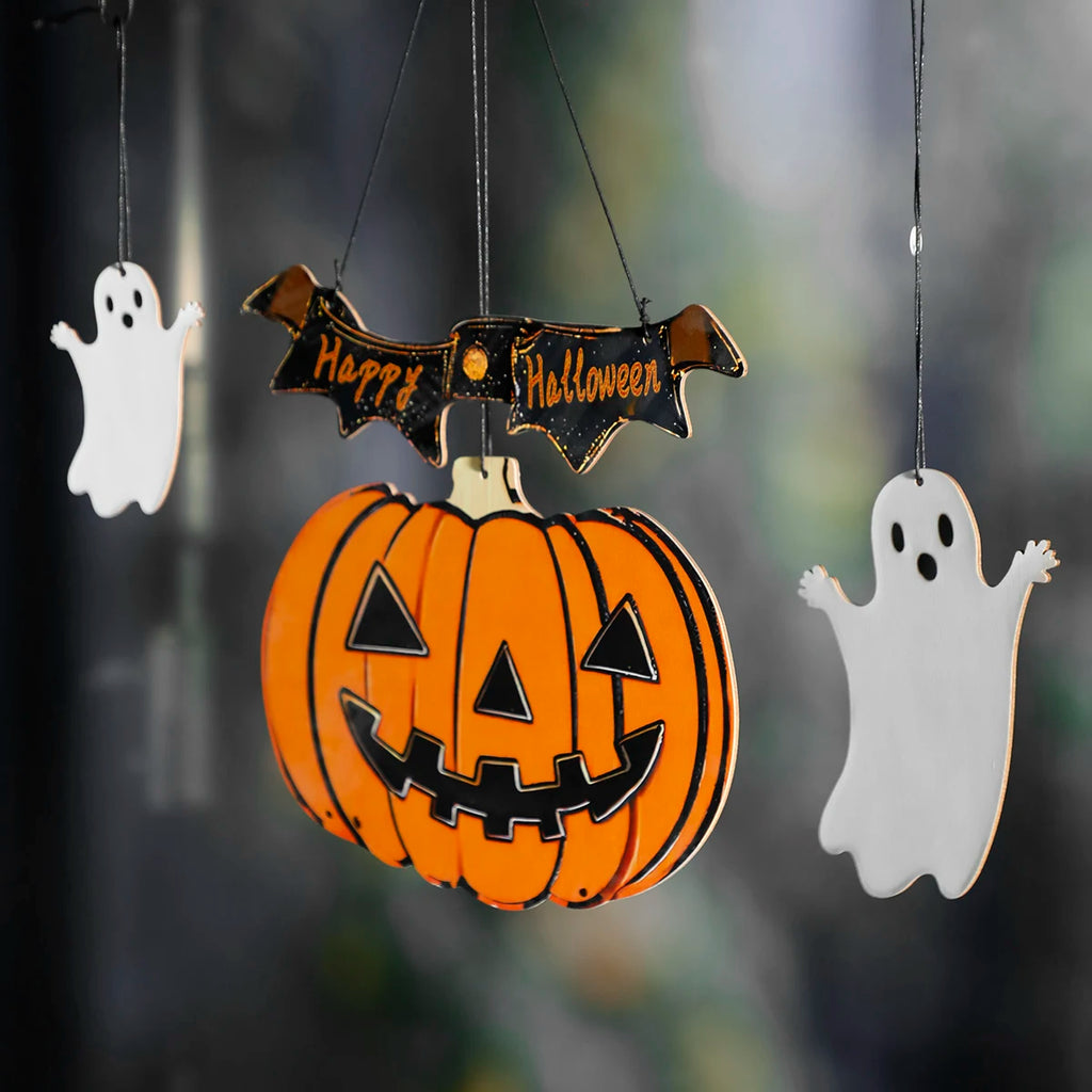 Wooden Halloween Hanging Decor, "Happy Halloween"Banner with Pumpkin Lantern & Ghost Ornaments, Spooky Wall Decor for Home Party