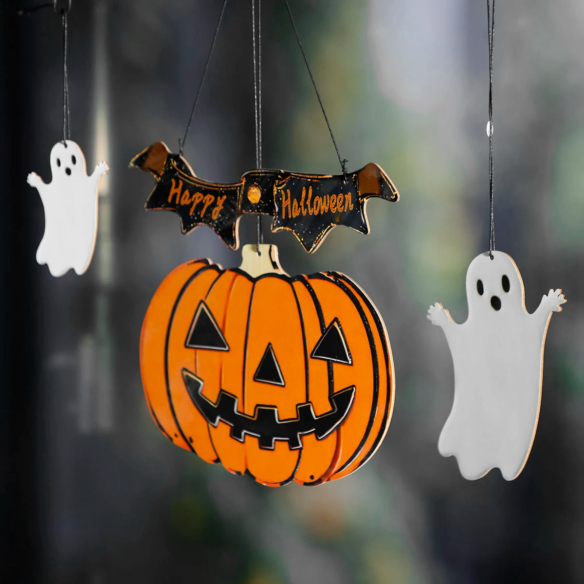 Wooden Halloween Hanging Decor, "Happy Halloween"Banner with Pumpkin Lantern & Ghost Ornaments, Spooky Wall Decor for Home Party