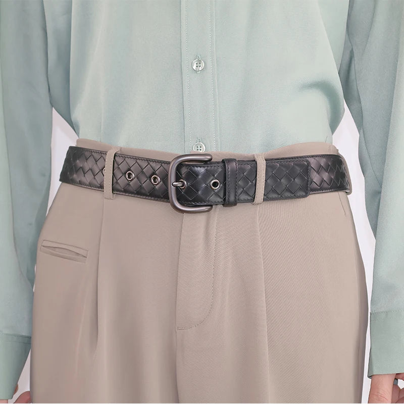 PLULUSA Hanrted Leather Belt for Men Genuine Top Layer Cowhide Bule Pure Handwoven Men's Belt Versatile Sli Belt