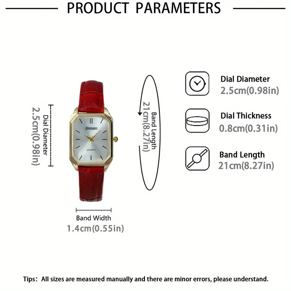 Luxury Women's Watches Elegant Womens Quartz Watch Analog Red PU Leather Designer Square Dial Wrist Watch Ideal Choice for Gifts