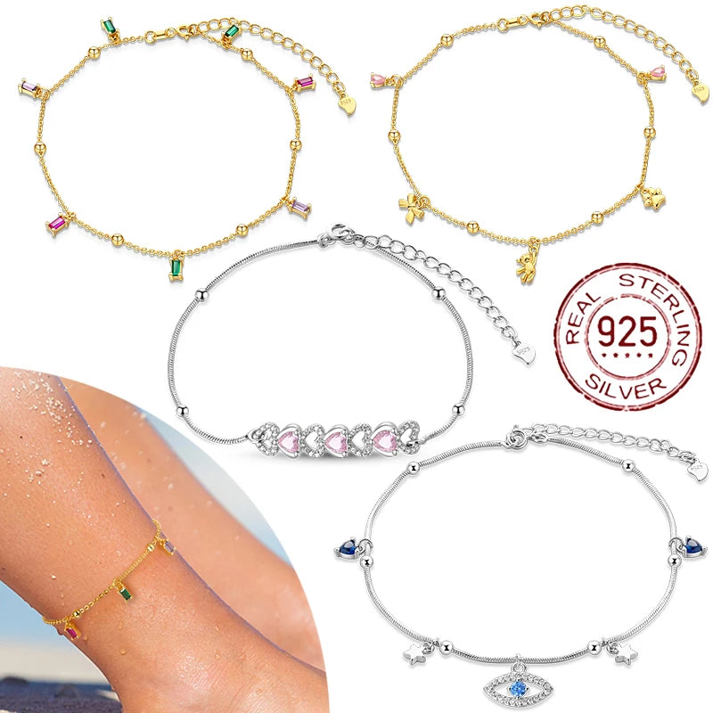 Anklets for Women Summer Beach Accessories 925 Sterling Silver Zircon Chain Anklet Gold Color Leg Bracelets Bodychain Gifts