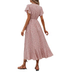 Summer Dresses for Women Sexy V Neck Short Sleeve Irregular High Waist Lace-up Flower Print Dress Casual Beach Dresses