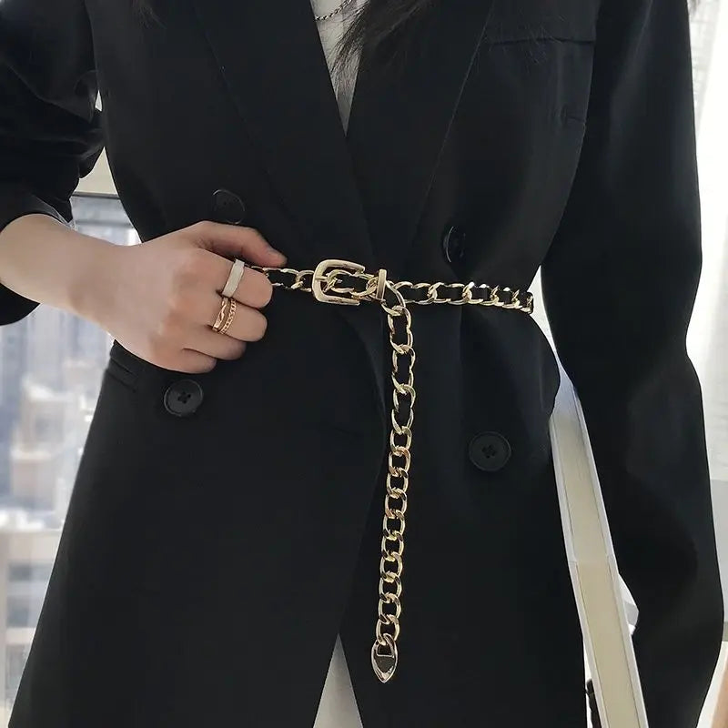 Chain Belt Women's Fashion Narrow Metal Belts Trim with Skirt Blouse Thin Waist Chain Gold Silver
