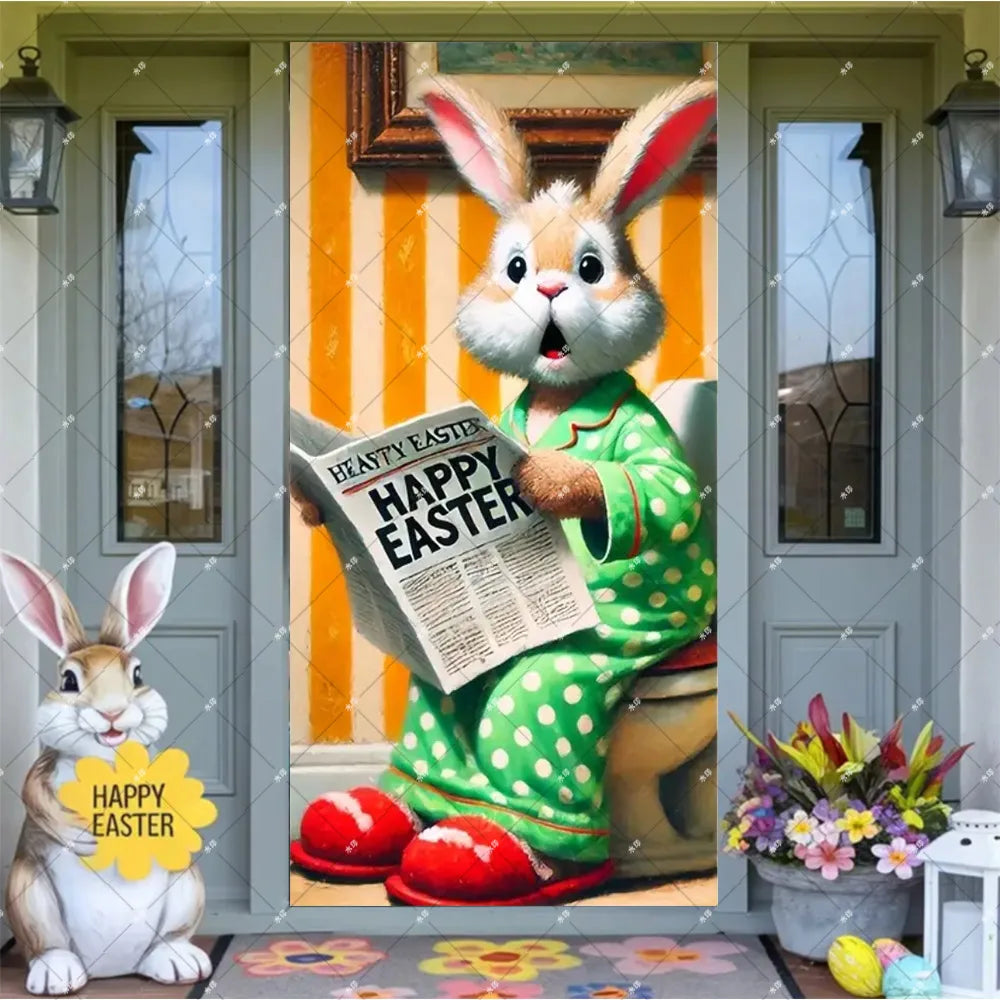 Spring Easter Theme Charming Rabbit On The Toilet Grass Flower Eggs Door Banner Cover Backdrop Easter Festival Party Porch Decor