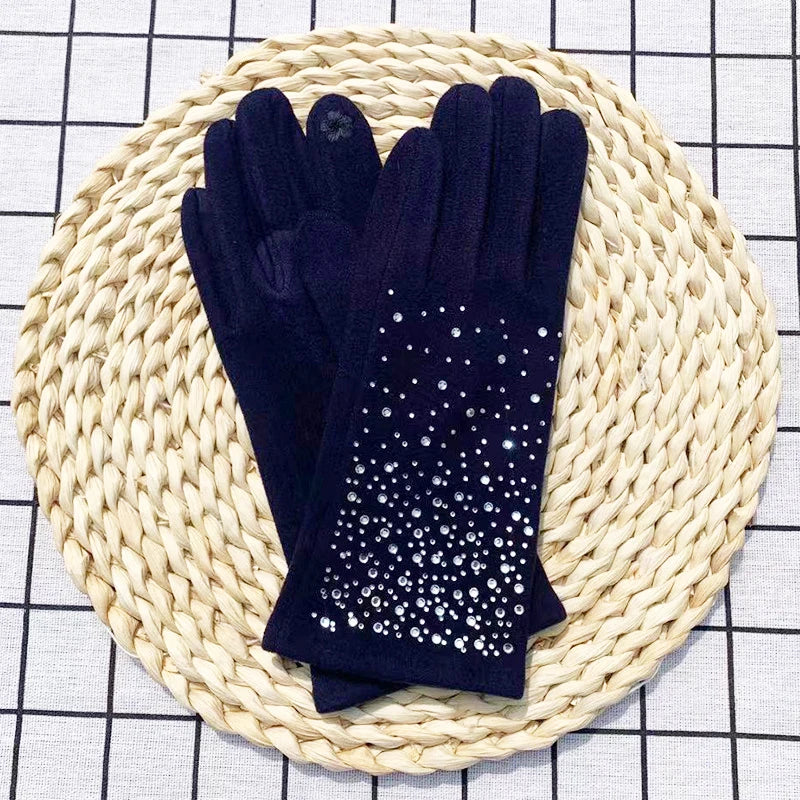 Fashion Diamonds Glove Women Vintage Winter Touch Screen Full Finger Warm Windproof Cycling Driving Female Gloves Mittens