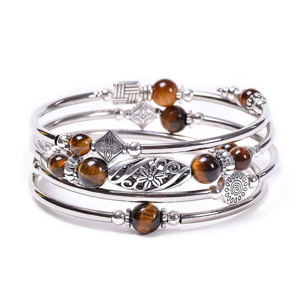 Women Bangle Natural Stones Ethnic Multi Layered Retro Blue Turquoise Beads Wrap Bracelet Jewelry Accessories