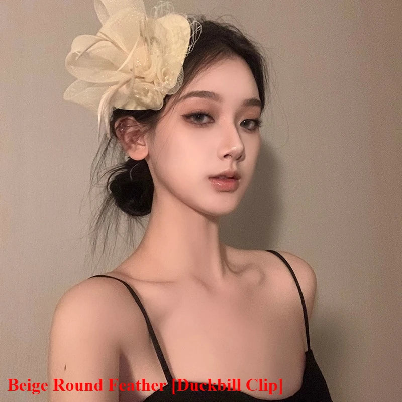 Gothic Subcultur Lace Bow Veil Small Fedoras Hats for Women Harajuku Lolita Feather Floral Fascinator Headband Hat Accessories