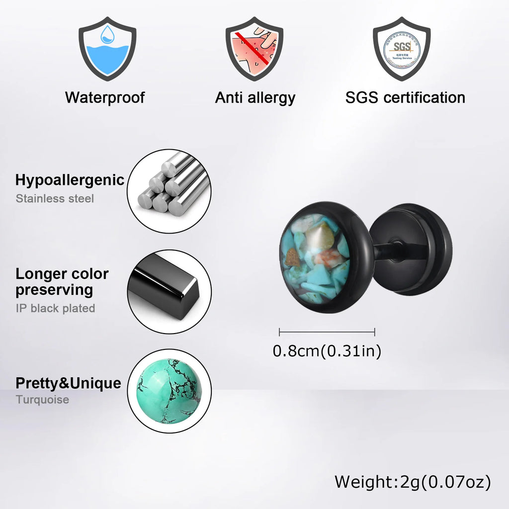 Natural Stone Stud Earrings for Men Boys,Stainless Steel Plated Round Small Earring,Stylish Jewelry Gifts
