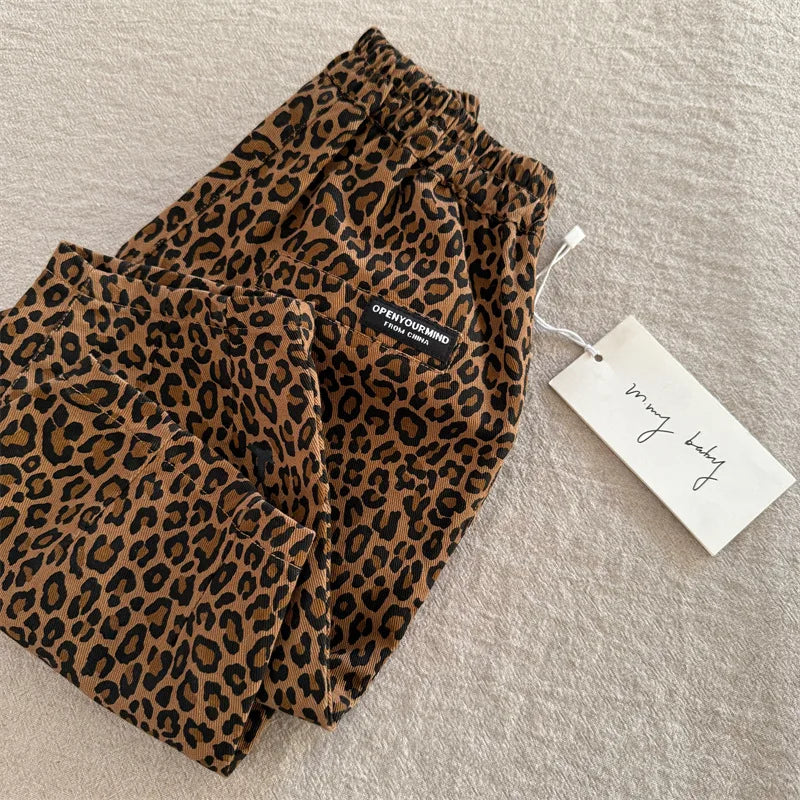 Children's pants 2025 squinting eyes spring boys and girls leopard print casual pants baby Korean wide leg small leg pants