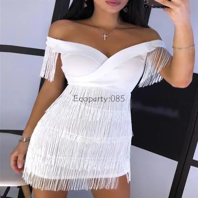 Women women's dresses Evening Dresses Sexy Big V Neck One-shoulder Fringed Skirt Ladies Temperament Slim Dress Short Sleeve Club Dress Vestidos