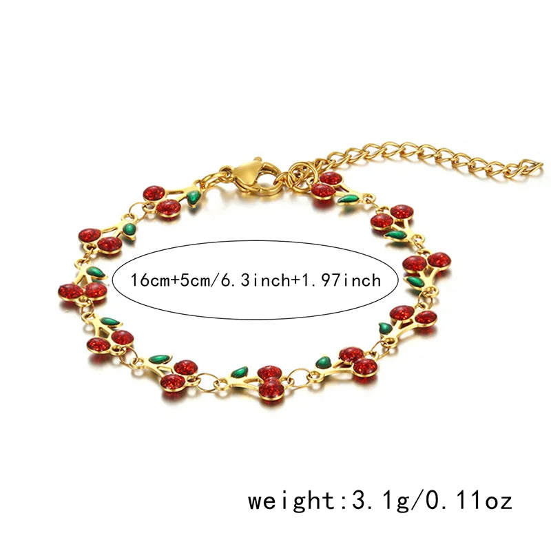 Charm Cherry Bracelet For Women Retro Bohemian Stainless Steel Bracelet For Girls Party Holiday Fashion Jewelry Gift