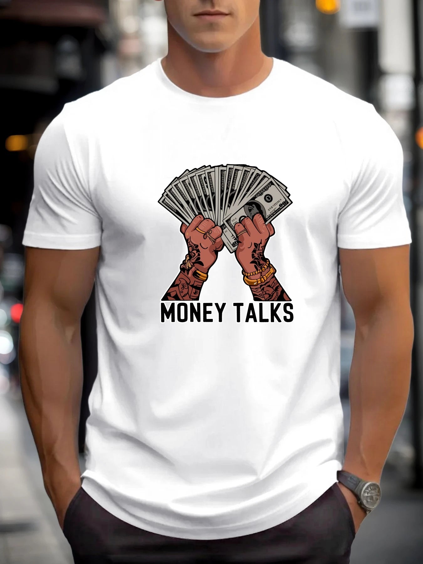 T Shirts For Man MONEY TALKS 100% Cotton Graphic Printing Summer Round Neck T-Shirt Casual Breathable Street Style Daily Top