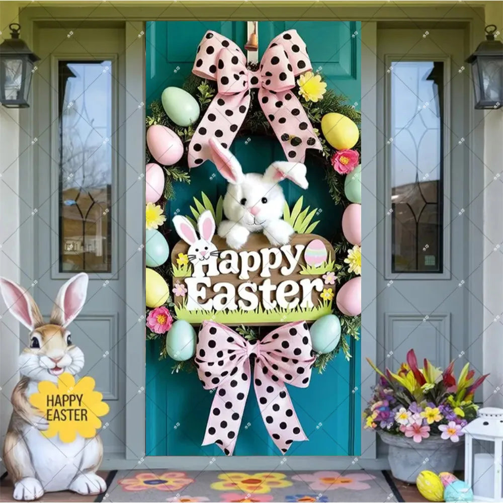 Spring Easter Theme Charming Rabbit On The Toilet Grass Flower Eggs Door Banner Cover Backdrop Easter Festival Party Porch Decor