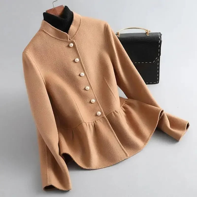 Wool Blend Coat for Women Autumn Plain Ruffles New In Trendy on Sale Mixtures Jacket Woman Medium High Quality Luxury Casual Hot