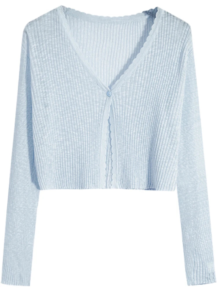 Women Cardigans Long Sleeve Knitted Outerwear Solid Thin Spring Short Sweaters V-neck Knitwears Korean Fashion Cardigans 2025