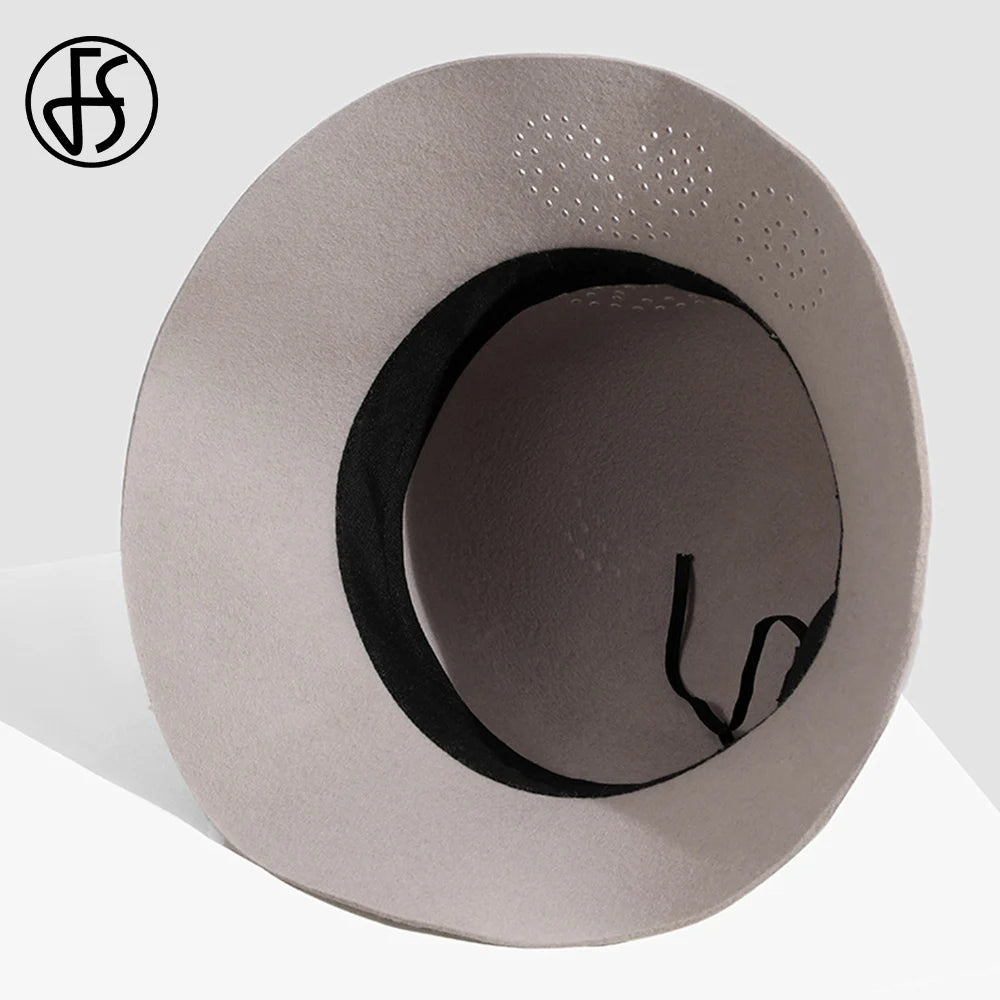 FS Beige Wool Fedoras Elegant Vintage Hats For Women Wide Brim Hollowed-out Cloche Cap Lady Autumn Winter Floppy Black Millinery