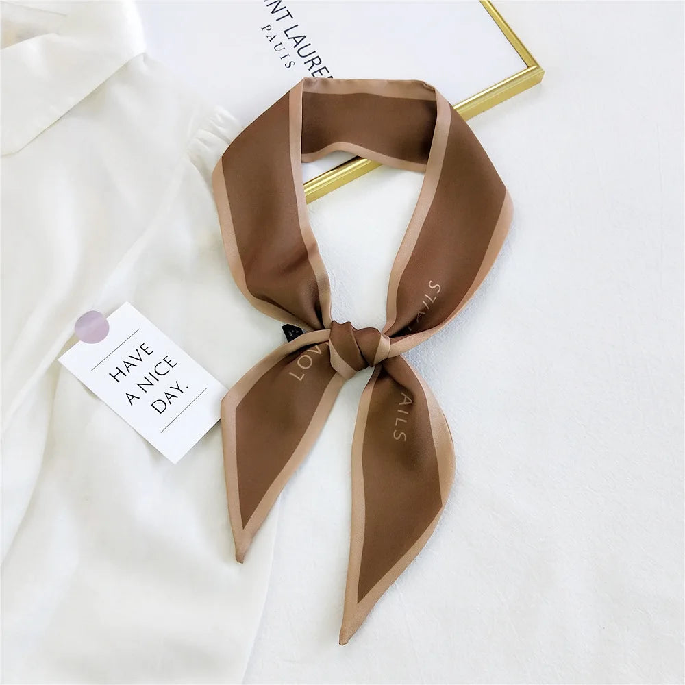 Women Hair Scarf Fashion Narrow Long Scarf Elegant Satin Silk Bow Tie Letter Print Bag Ribbon Headband Scarves Foulard Cheveux