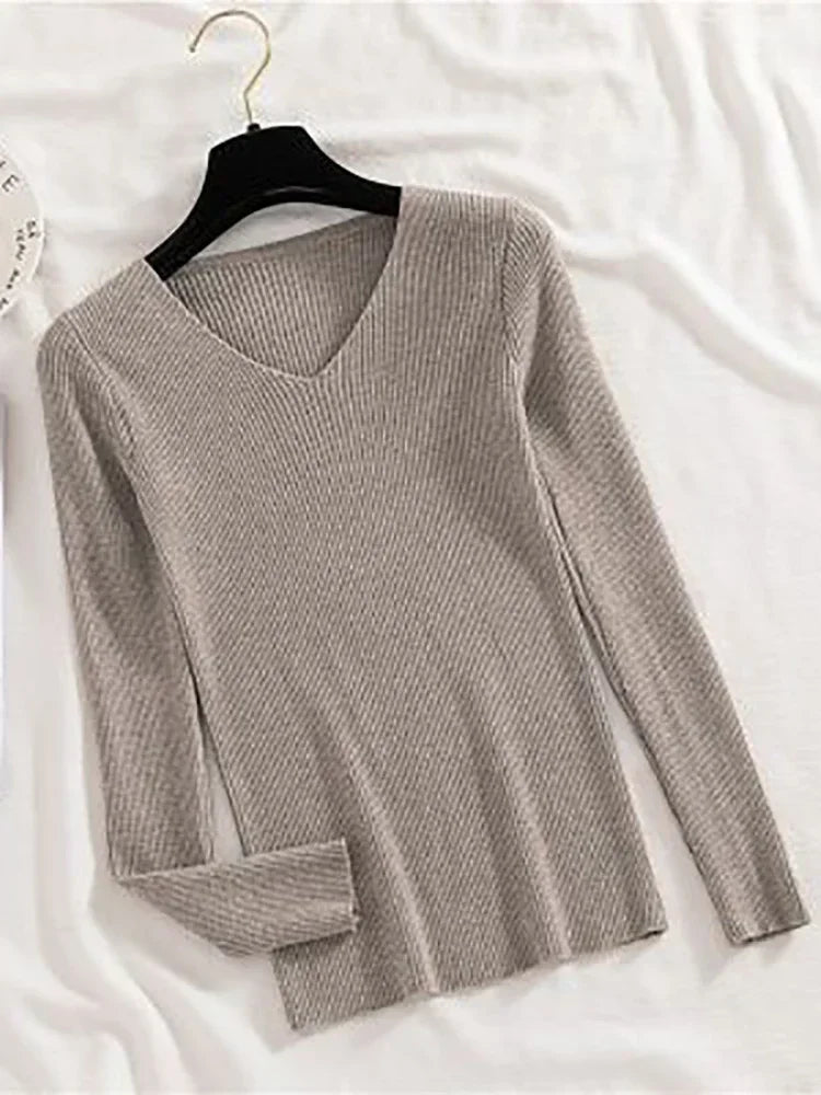 Women Sweater 2026 New Autumn Winter Long Sleeve Pullover Basic Top Fashion V-neck Elastic Female Winter Solid Knitted Jumper