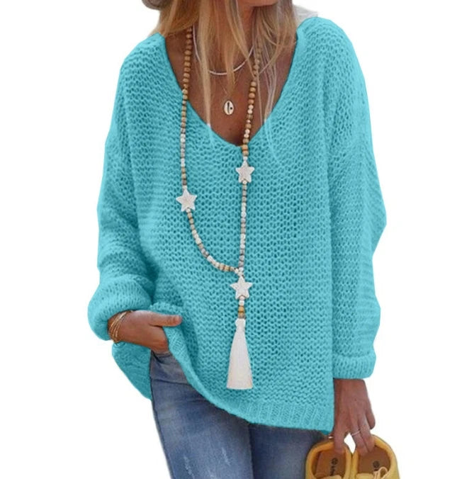 Women's Winter Sweaters Commuting 2024 Winter Solid Color Knitted Sweater V-Neck Long Sleeved Top Loose Fit Pullover Sweater