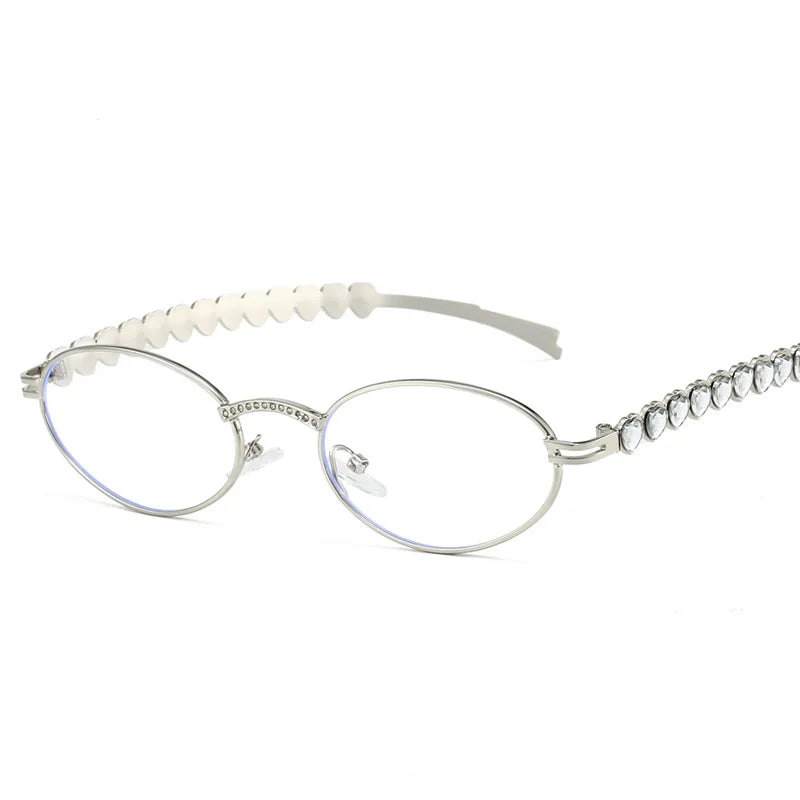 Fashion Eyeglasses Frames For Women Men Silver Oval Glasses Anti Blue Light Small Rhinestone Sunglasses With Metal Frame