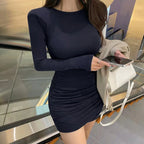 women's dresses 2025 Spring  Autumn Casual Fitting Slim Plain Ruched Long Sleeve Crew Neck Mini Bodycon High Street Dress