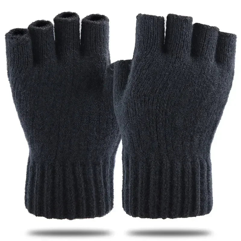 Winter Gloves For Men Half Finger Writting Office Cycling Knitted Gloves Students Alpaca Wool Warm Thick Elastic Driving Gloves