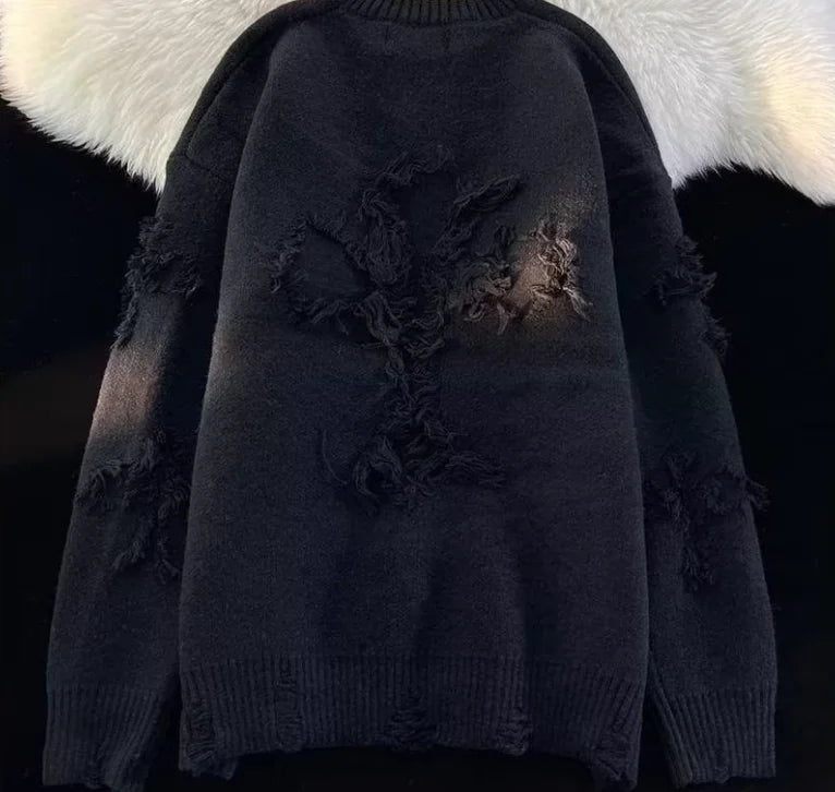 Winter Ripped Sweater Men's Round Neck Pullover High Street American Retro Japanese Style Solid Color Sweater For Teenagers