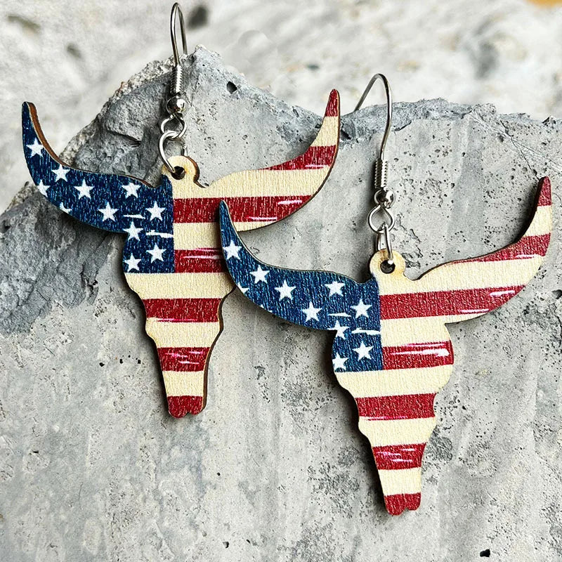 New American Independence Day Earrings July 4th Festival Decoration Western Cowboy Sun Flower Boots Cowhead Hat Wooden Ear Rings